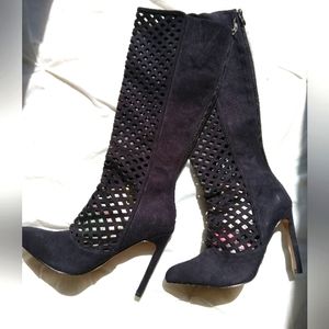 Black Caged Knee High Heeled Boots Sz 6.5